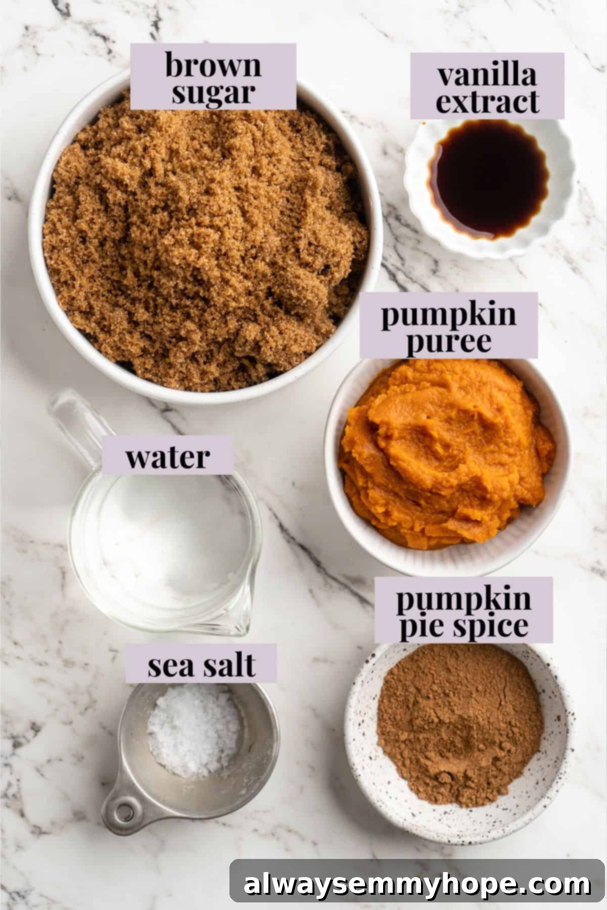 Key Ingredients for Your Homemade Pumpkin Spice Syrup Overhead view of fresh ingredients for pumpkin spice syrup including pumpkin puree, spices, brown sugar, and vanilla extract