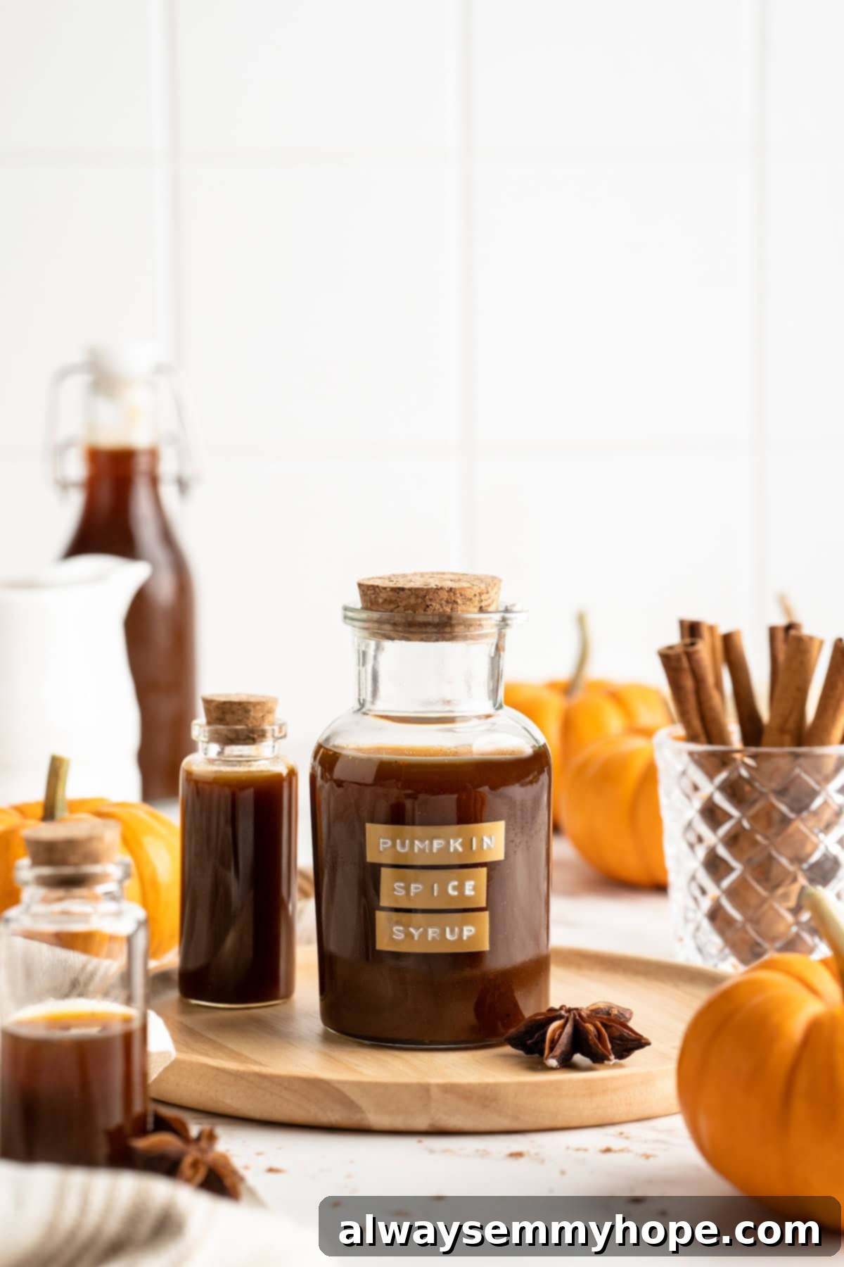 Storing Your Fresh Homemade Pumpkin Spice Syrup A charming jar of homemade pumpkin spice syrup sitting on a rustic kitchen countertop