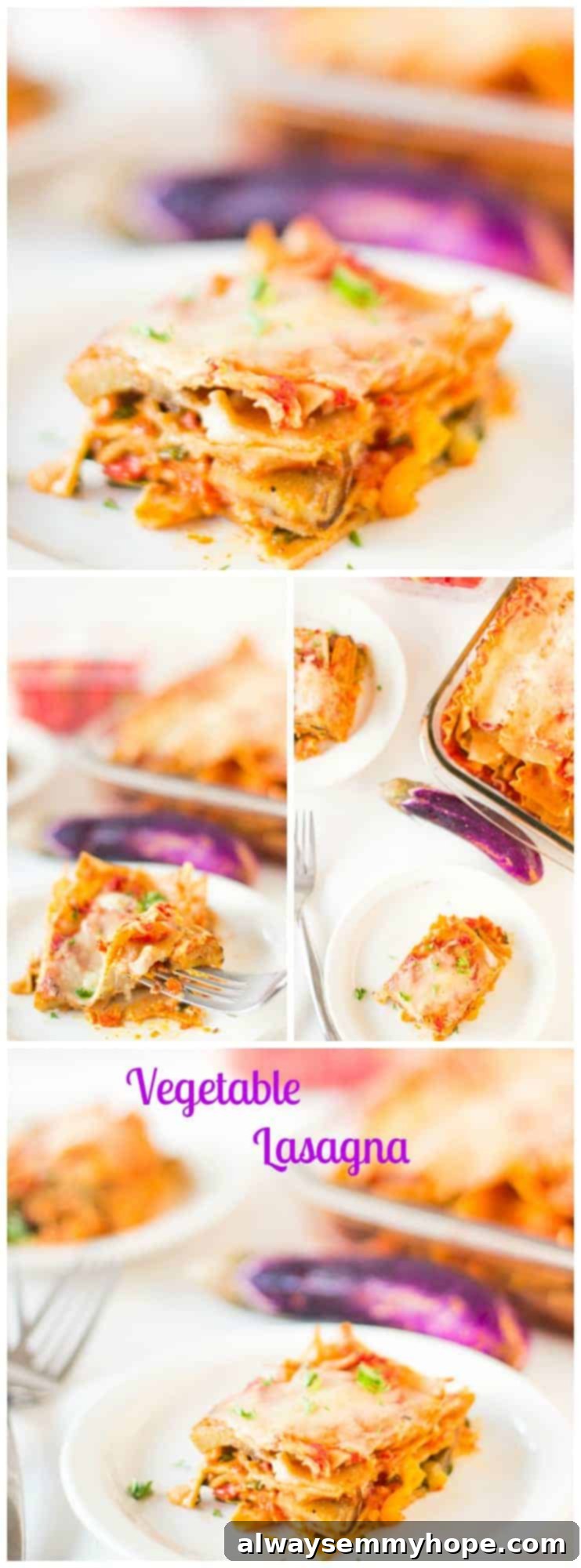 This whole wheat, hearty, loaded Vegetable Lasagna is delicious, cheesy and completely customisable! Perfect for a comforting dinner. A montage of lasagna slices on plates.