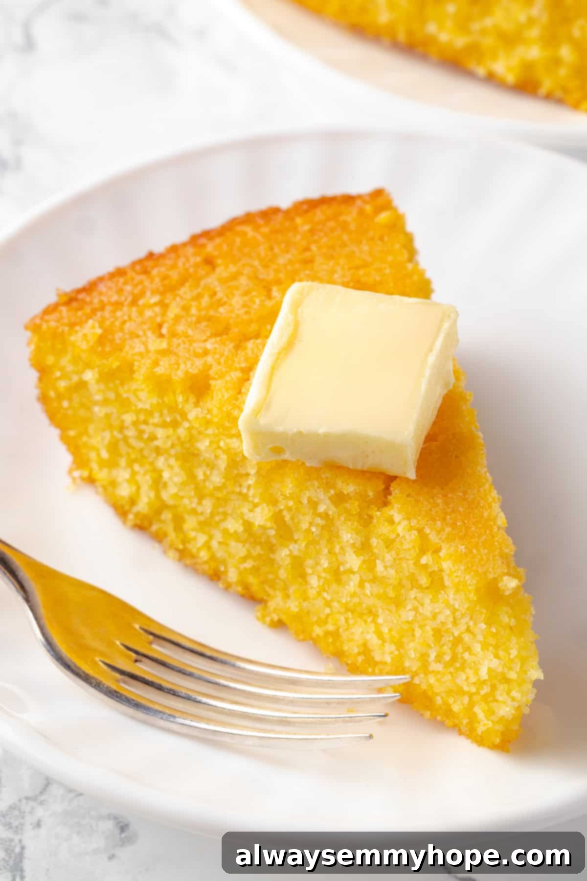 This vegan corn pone is crispy on the outside, tender on the inside, and so delicious! If you like cornbread, you’ll love this recipe. Close-up of a slice of vegan corn pone with a melting pat of butter on top