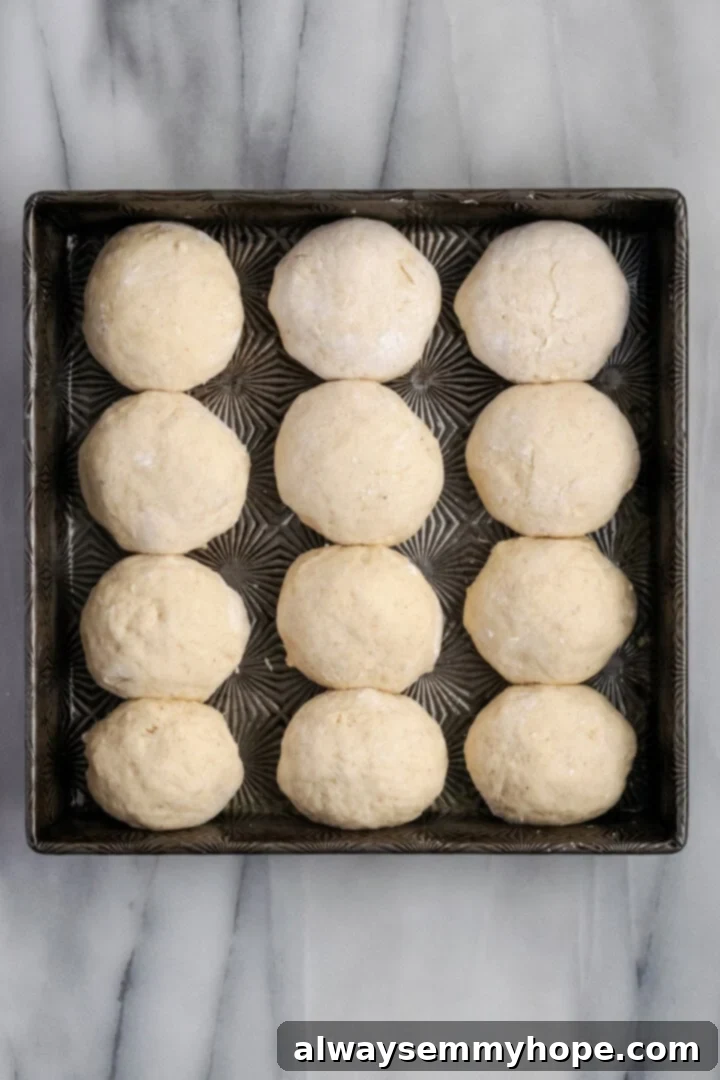 Place shaped rolls in a greased pan A square baking pan filled with unproofed gluten-free dinner rolls, neatly arranged