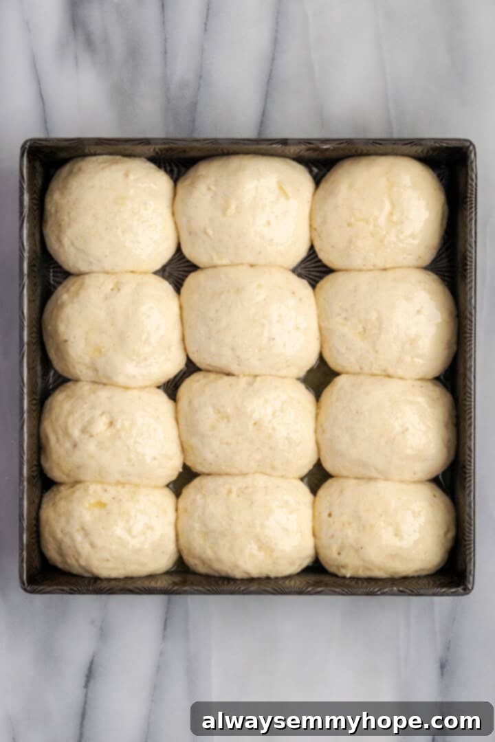 Allow rolls to rise, brush with butter, then bake A pan of risen gluten-free dinner rolls, brushed with butter, ready for baking