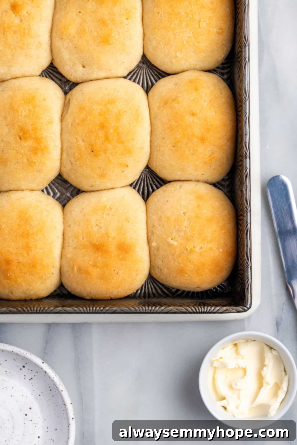 Baked Gluten-Free Vegan Dinner Rolls Overhead shot of freshly baked golden brown gluten-free dinner rolls in a square pan