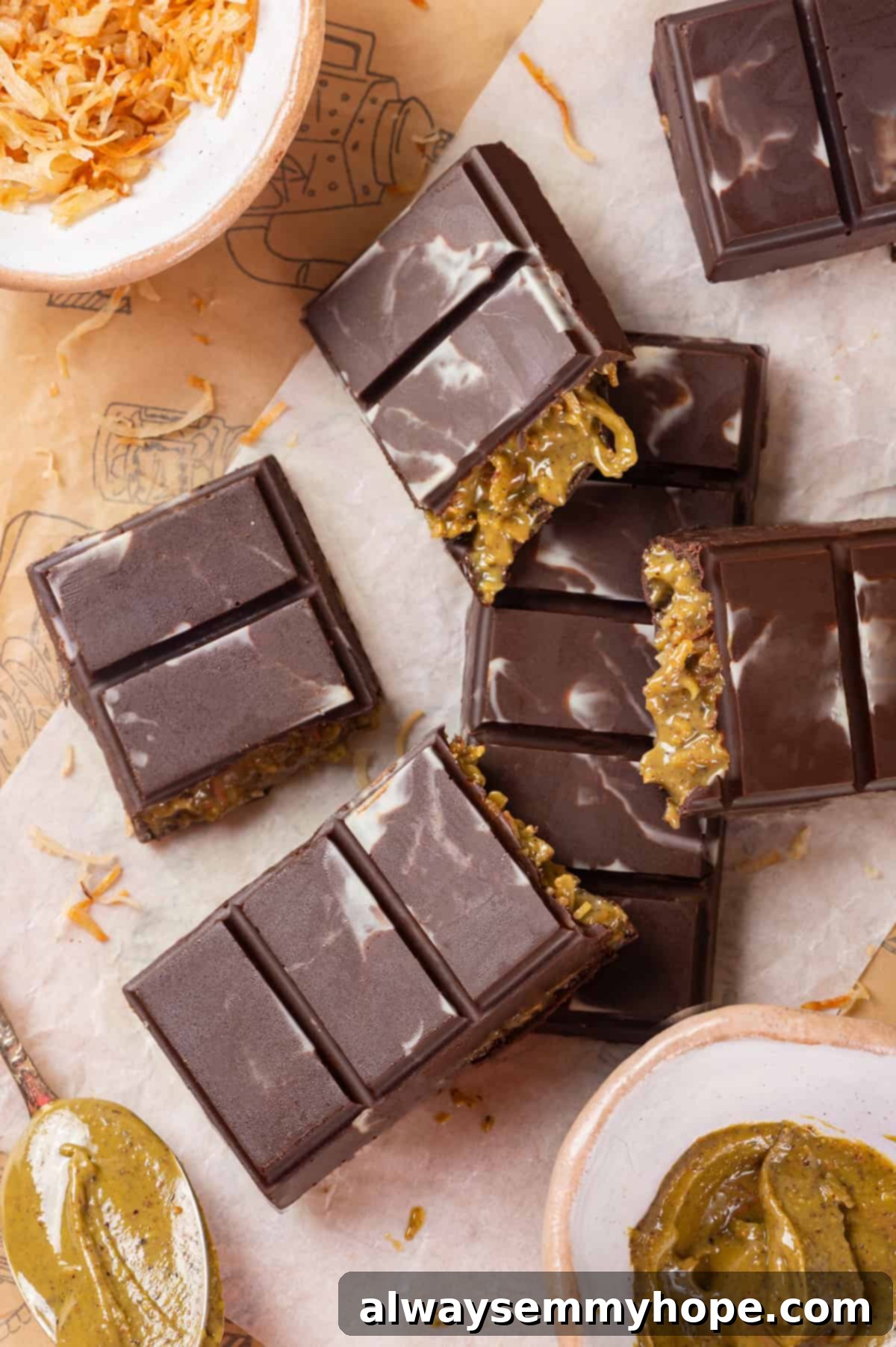 A Dubai chocolate bar is filled with crispy kataifi and a rich, creamy mixture of pistachio and tahini. Here’s how to make them at home! Homemade Dubai chocolate bars on parchment paper