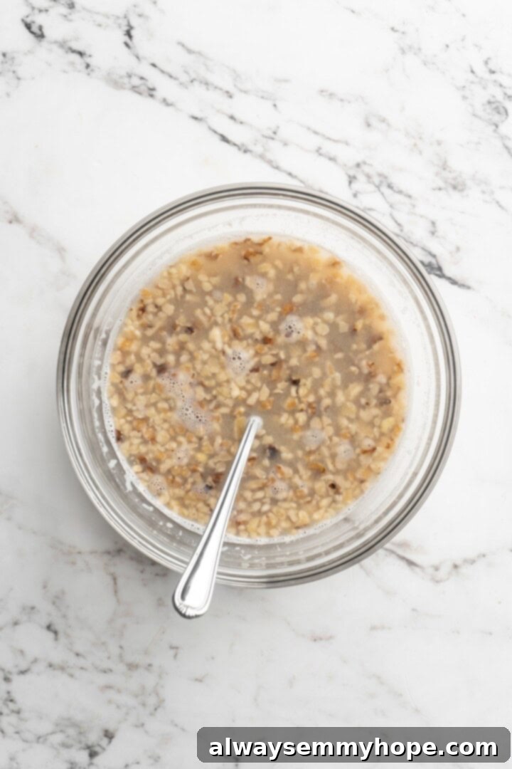 Overhead view of walnuts soaking in warm water