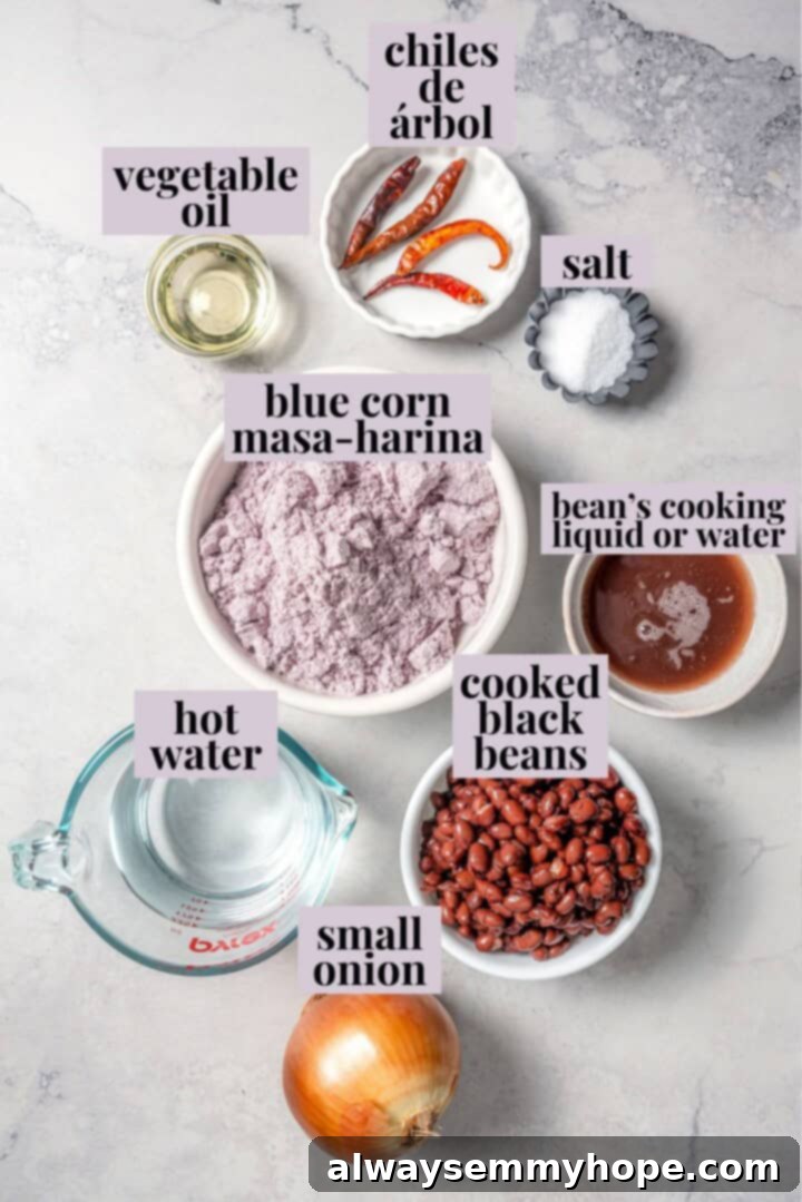 Easy tlacoyos filled with black beans. Top this homemade and vegan spin on Mexican street food with diced avocado, salsa and vegan cheese. Ingredients for tlacoyos on a marble countertop.