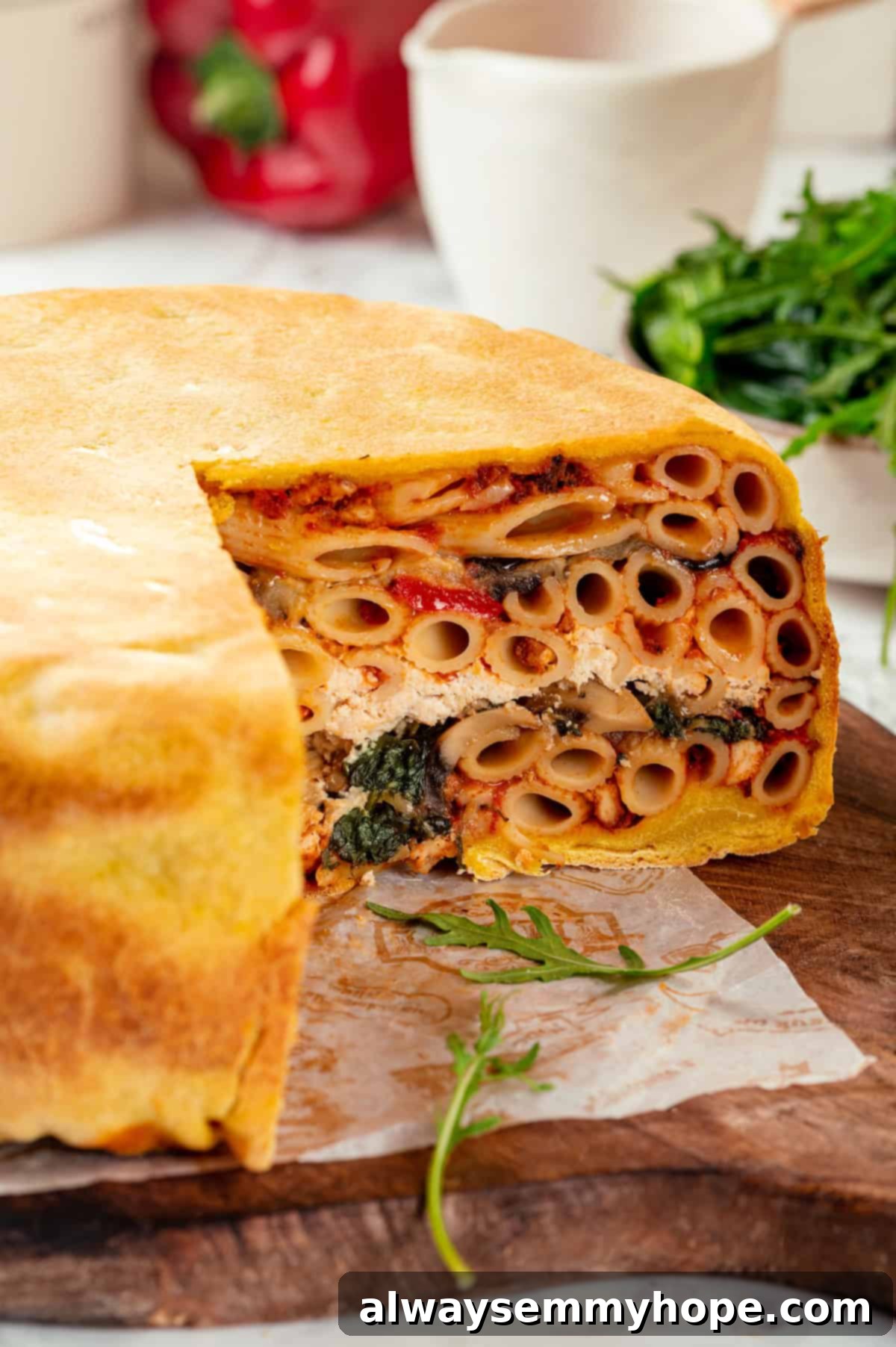This vegan timpano recipe is perfect for the holidays! It’s loaded with pasta, veggies and plant-based cheese, all baked in a pastry crust. Close-up overhead shot of a freshly baked vegan timpano, sliced in half to reveal the intricate and mouthwatering layers of pasta, vegetables, and creamy vegan cheese inside.
