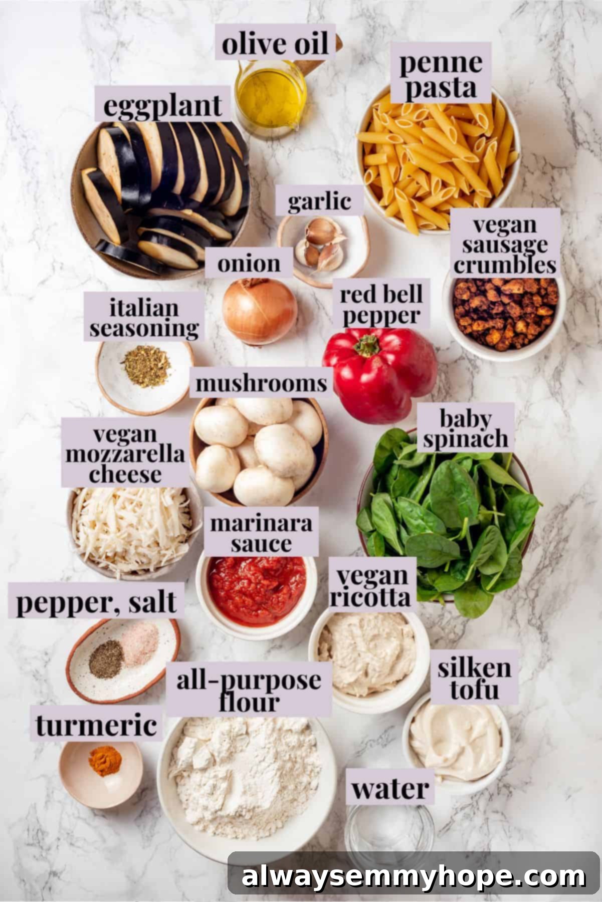 This vegan timpano recipe is perfect for the holidays! It’s loaded with pasta, veggies and plant-based cheese, all baked in a pastry crust. Overhead view of all the ingredients for vegan timpano meticulously arranged and labeled, showcasing fresh vegetables, pasta, vegan cheeses, and dough components.