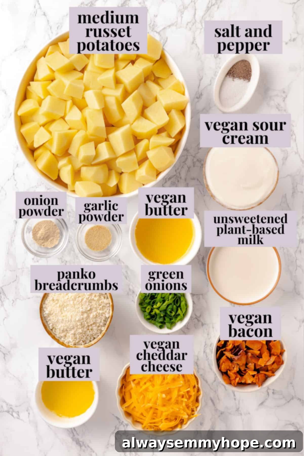 Overhead shot of all the ingredients for vegan mashed potato casserole laid out on a table with labels