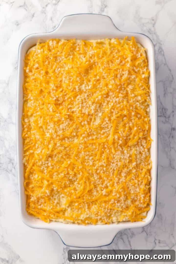 Assembled vegan mashed potato casserole in a baking dish before baking, topped with panko and cheese