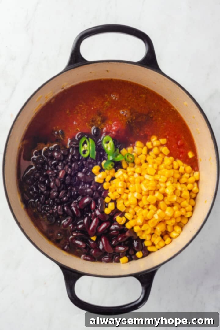 This vegan taco soup packs in a whole lot of flavour! With a zesty broth, lots of beans, and veggies, this soup is hearty and satisfying. Beans, corn and chili pepper added to pot of taco soup