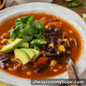 Hearty Taco Soup 2 Bowl of vegan taco soup with cilantro and avocado