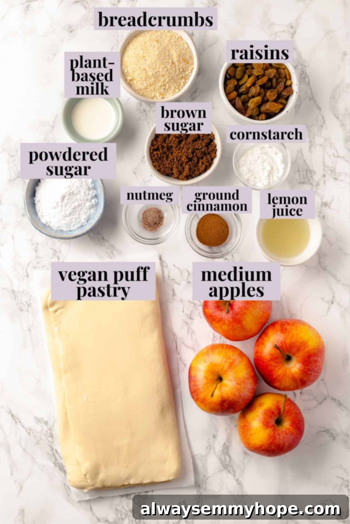 This easy apple strudel recipe wraps tender cinnamon-spiced apples in flaky puff pastry for a cozy treat. It's always a hit! Ingredients for apple strudel laid out with labels