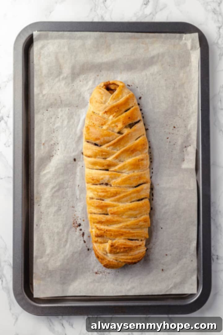 This easy apple strudel recipe wraps tender cinnamon-spiced apples in flaky puff pastry for a cozy treat. It's always a hit! Overhead view of apple strudel on parchment-lined baking sheet