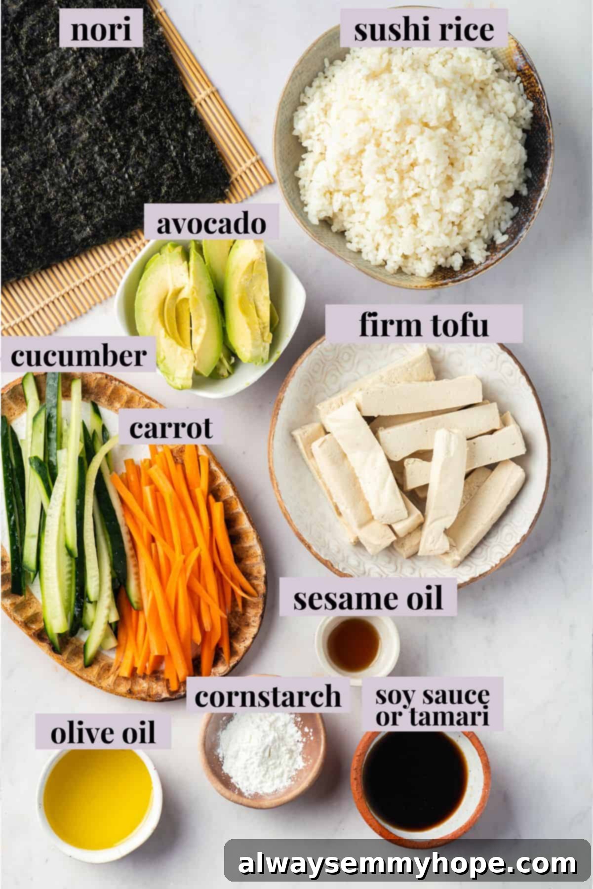 Overhead view of ingredients for vegan sushi with labels