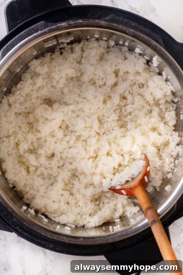 Overhead view of sushi rice in Instant Pot