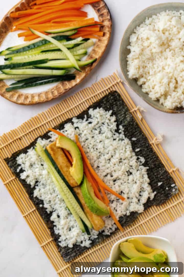Assembling vegan sushi on bamboo mat