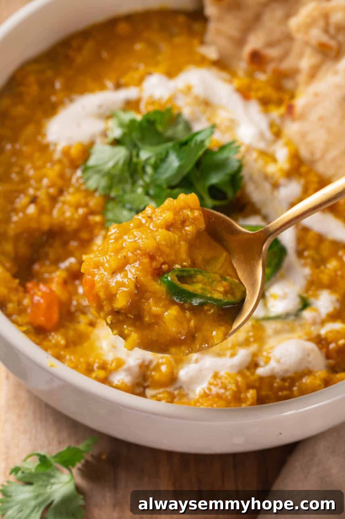 Spoonful of Creamy Red Lentil Dal A close-up shot of a spoon holding a creamy, flavorful portion of red lentil dal, glistening with spices, over a blurred bowl of dal.