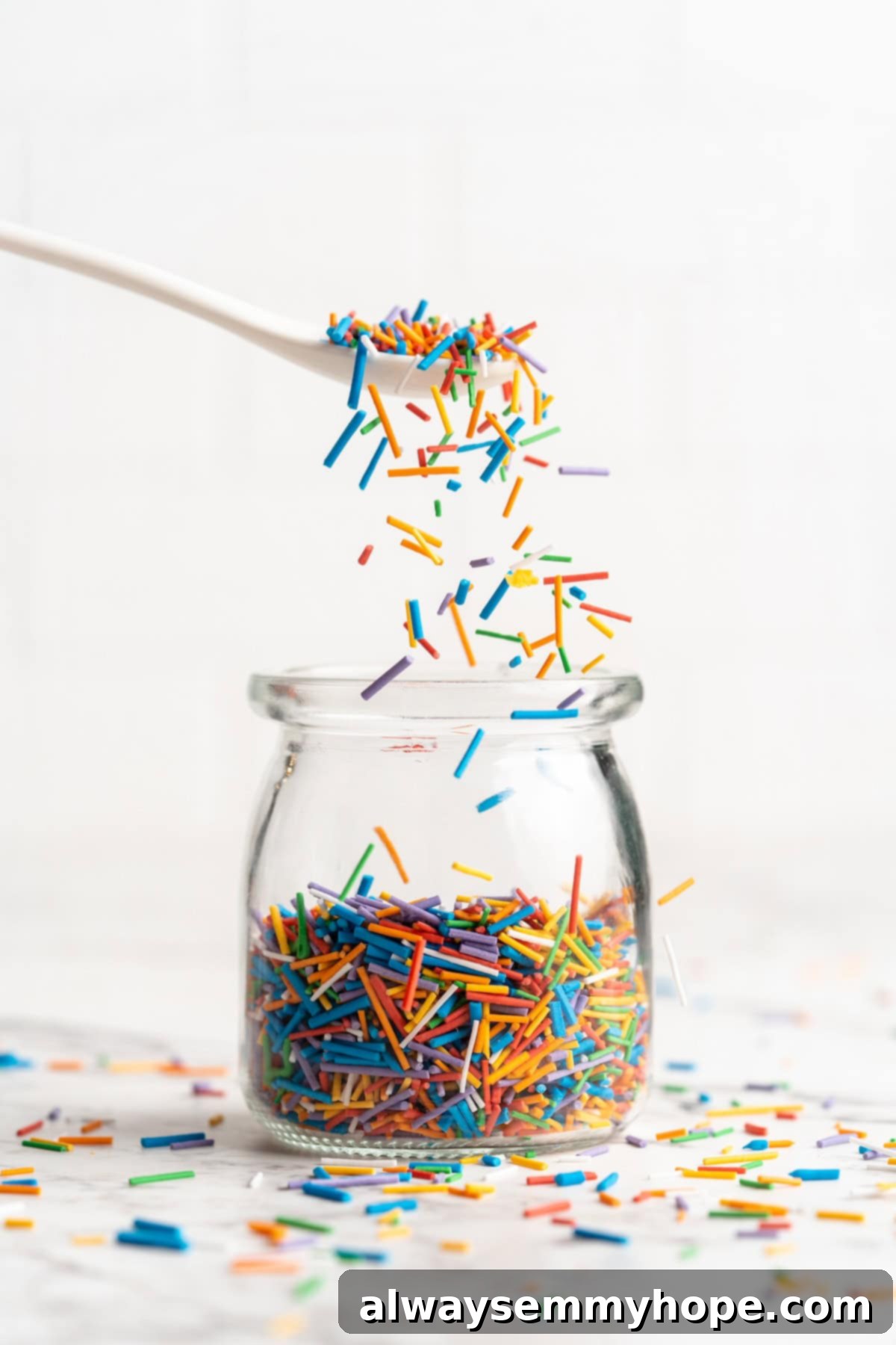 A spoon overflowing with beautifully colored homemade sprinkles held over a clear glass jar, ready to be added to baked goods.