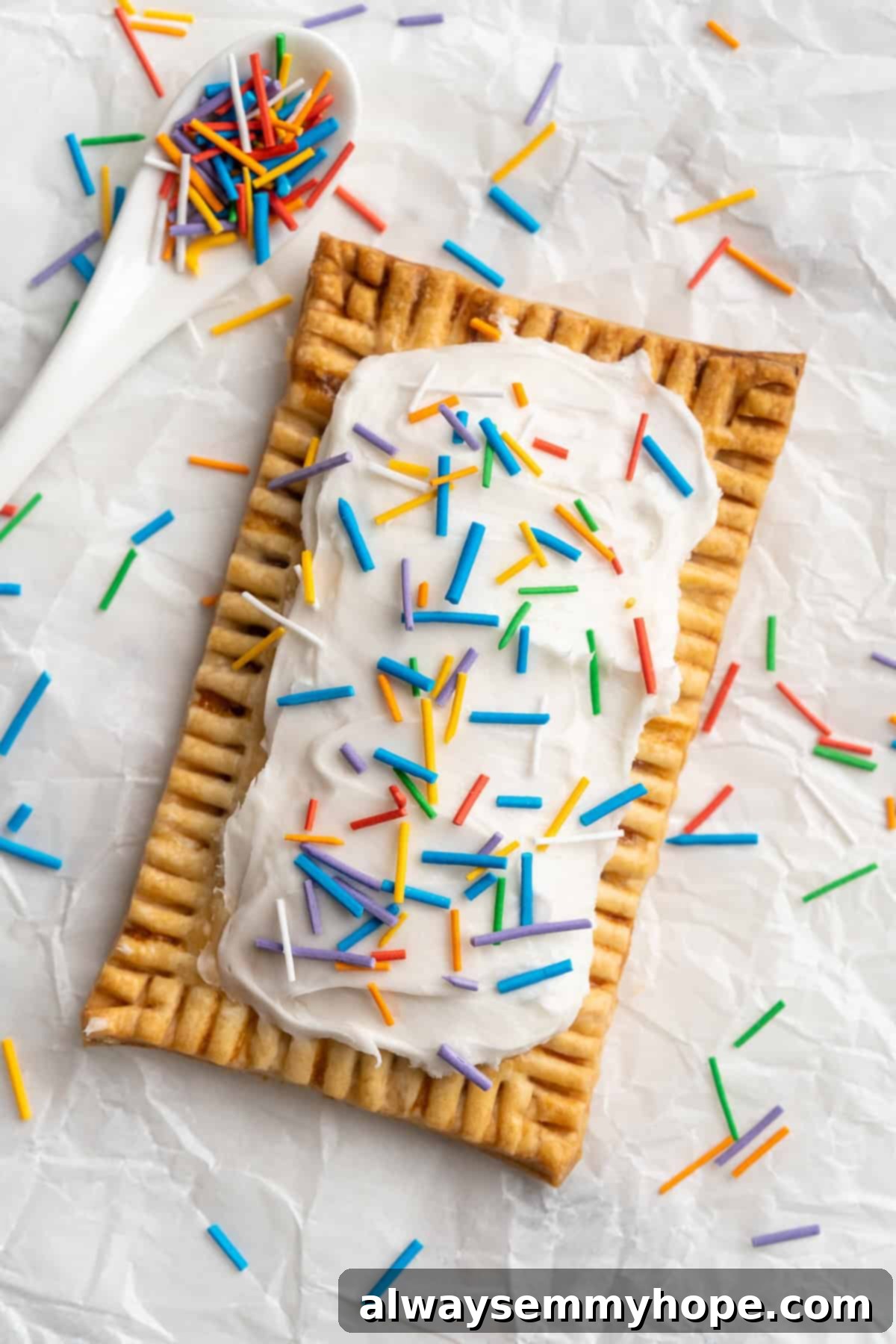 A perfectly baked homemade poptart, beautifully topped with a medley of colorful homemade sprinkles, resting on a white surface.