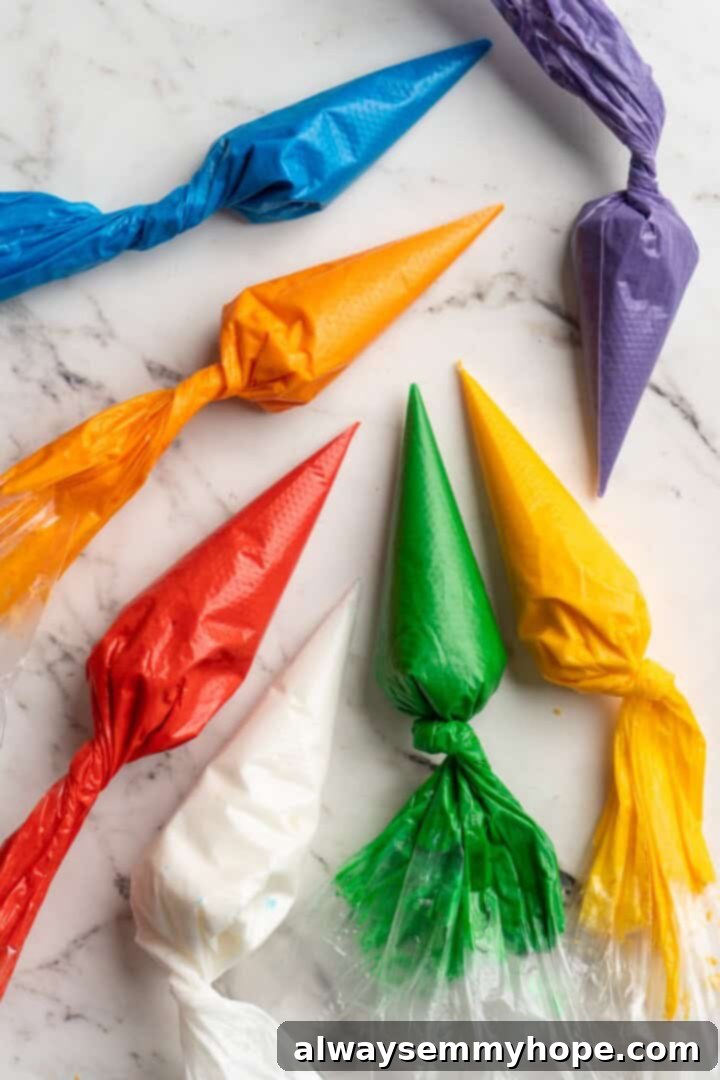 An overhead view of several piping bags filled with brightly colored icing, twisted at the top and ready for snipping and piping.