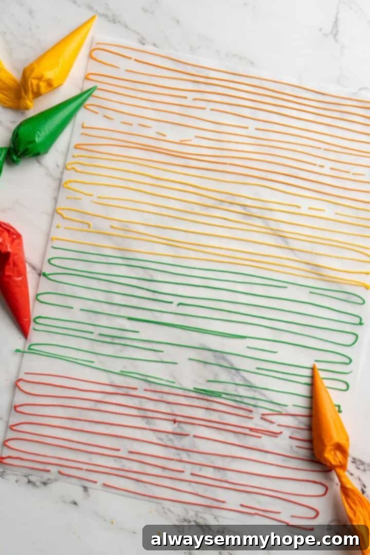 Brightly colored icing being piped into long, thin lines on a sheet of parchment paper to form homemade sprinkles.