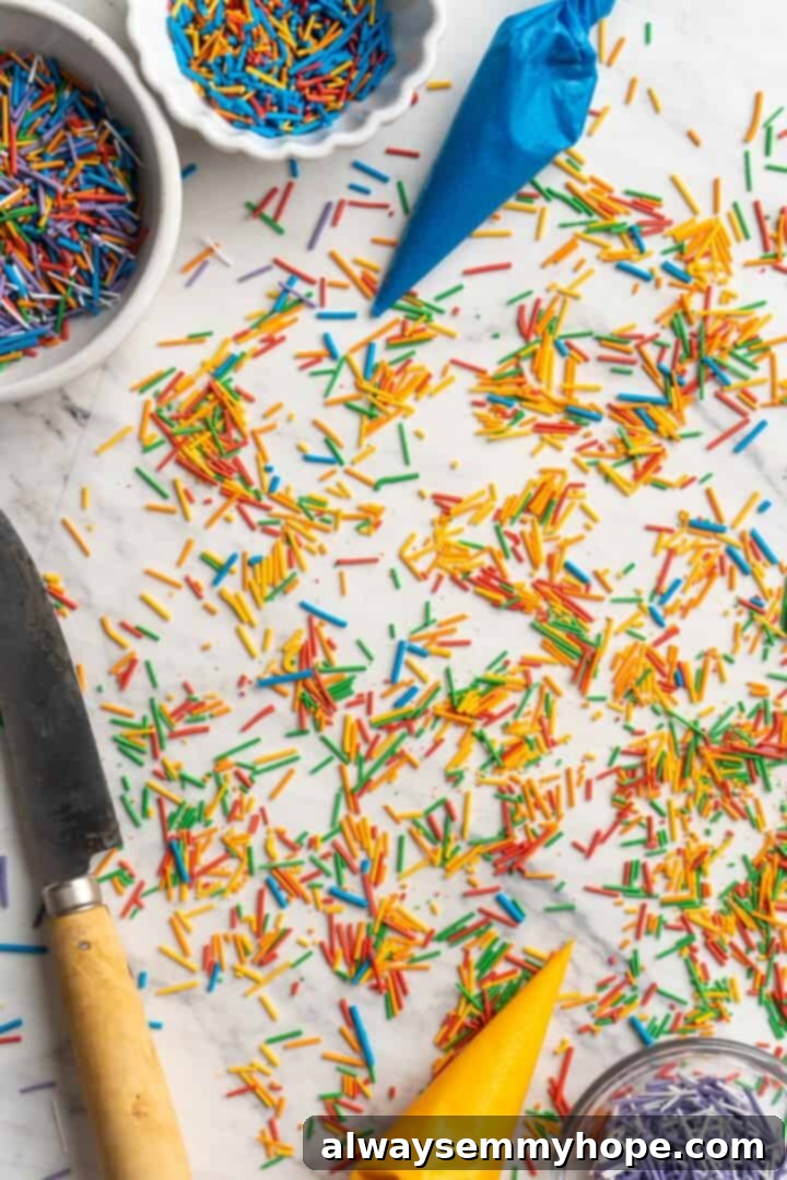 A close-up overhead view of freshly piped, multicolored homemade sprinkles drying on a kitchen countertop, still on parchment paper.