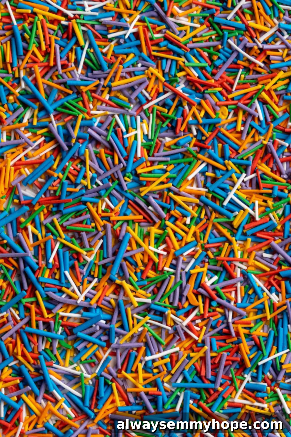 An overhead shot showcasing a vibrant assortment of multicolored homemade sprinkles scattered artfully on a white surface.