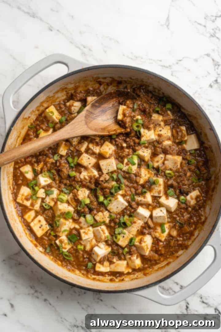 Gently stirring silken tofu into the Mapo Tofu sauce The finished vegan Mapo Tofu simmering gently in a skillet, with silken tofu cubes coated in rich, spicy sauce.