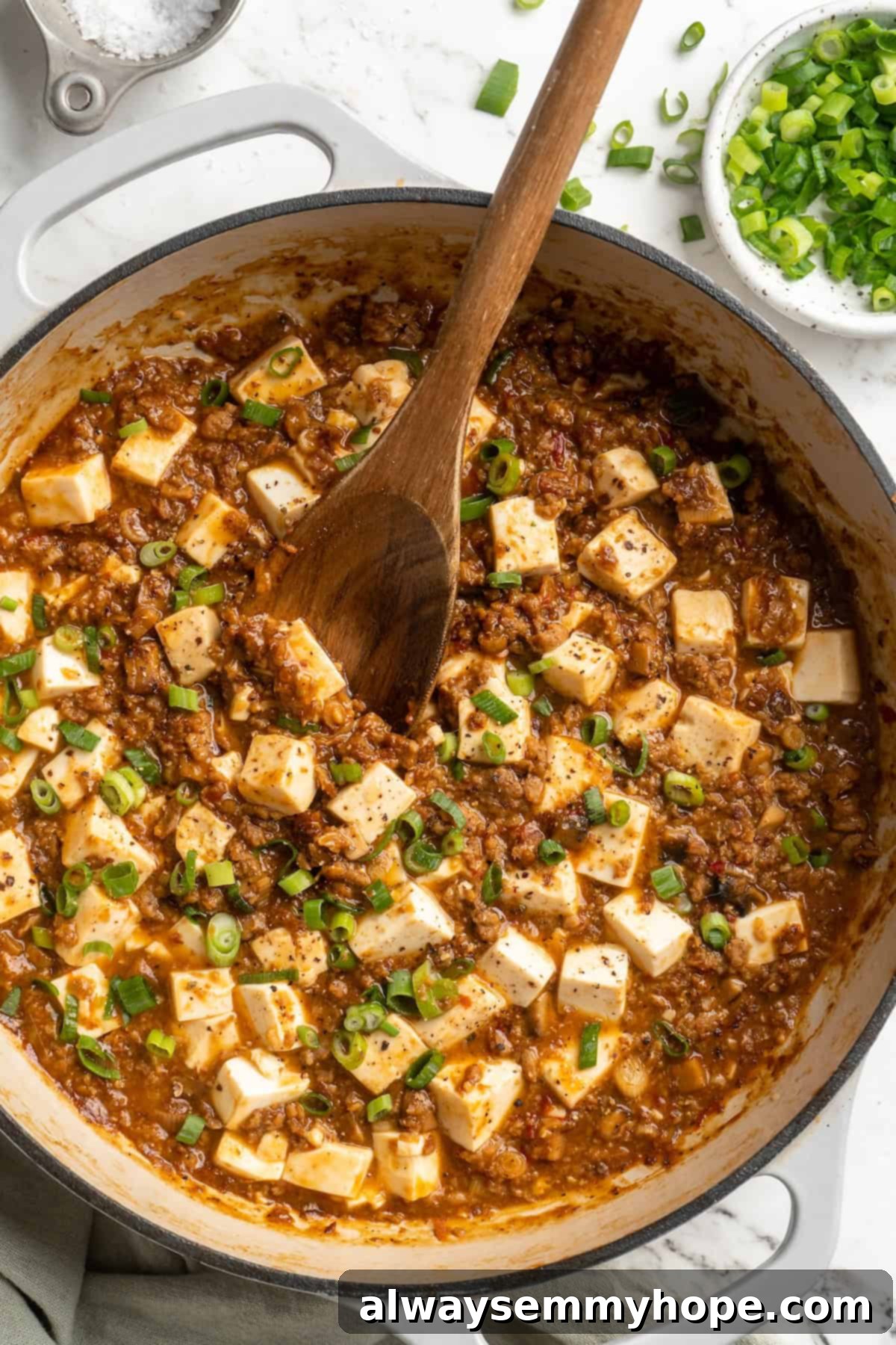 Delicious Vegetarian Mapo Tofu in a Skillet Overhead view of a vibrant vegetarian mapo tofu dish simmering in a skillet, ready to serve.