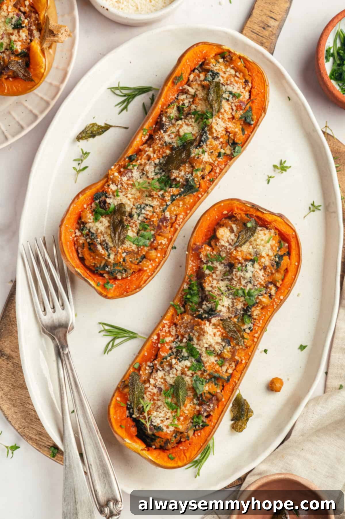 Overhead view of stuffed butternut squash on platter, ready to serve