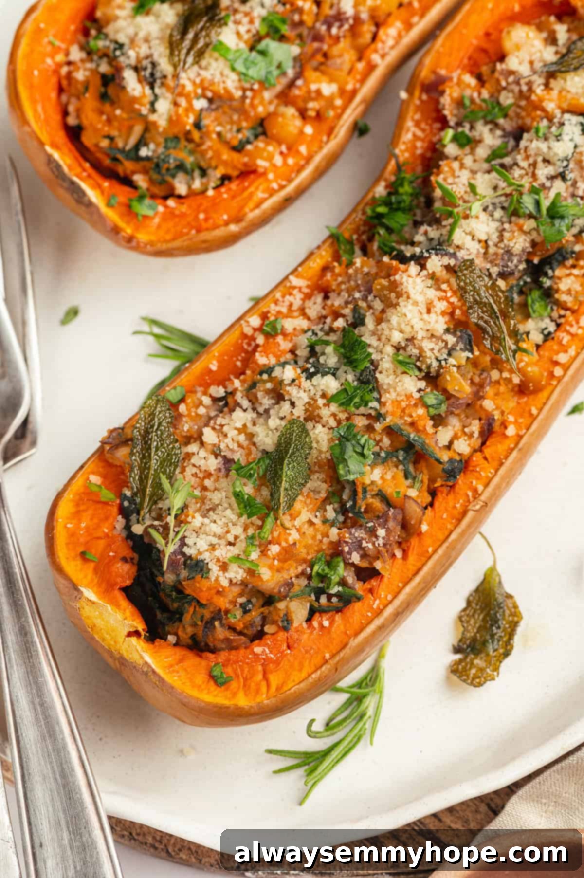 Vegan stuffed butternut squash presented on a white platter with fresh herbs