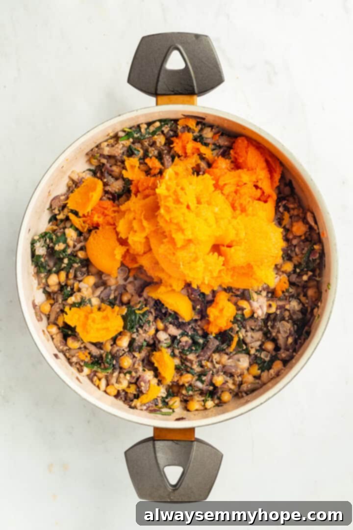 Overhead view of the hearty stuffing mixture, ready to be added to the squash