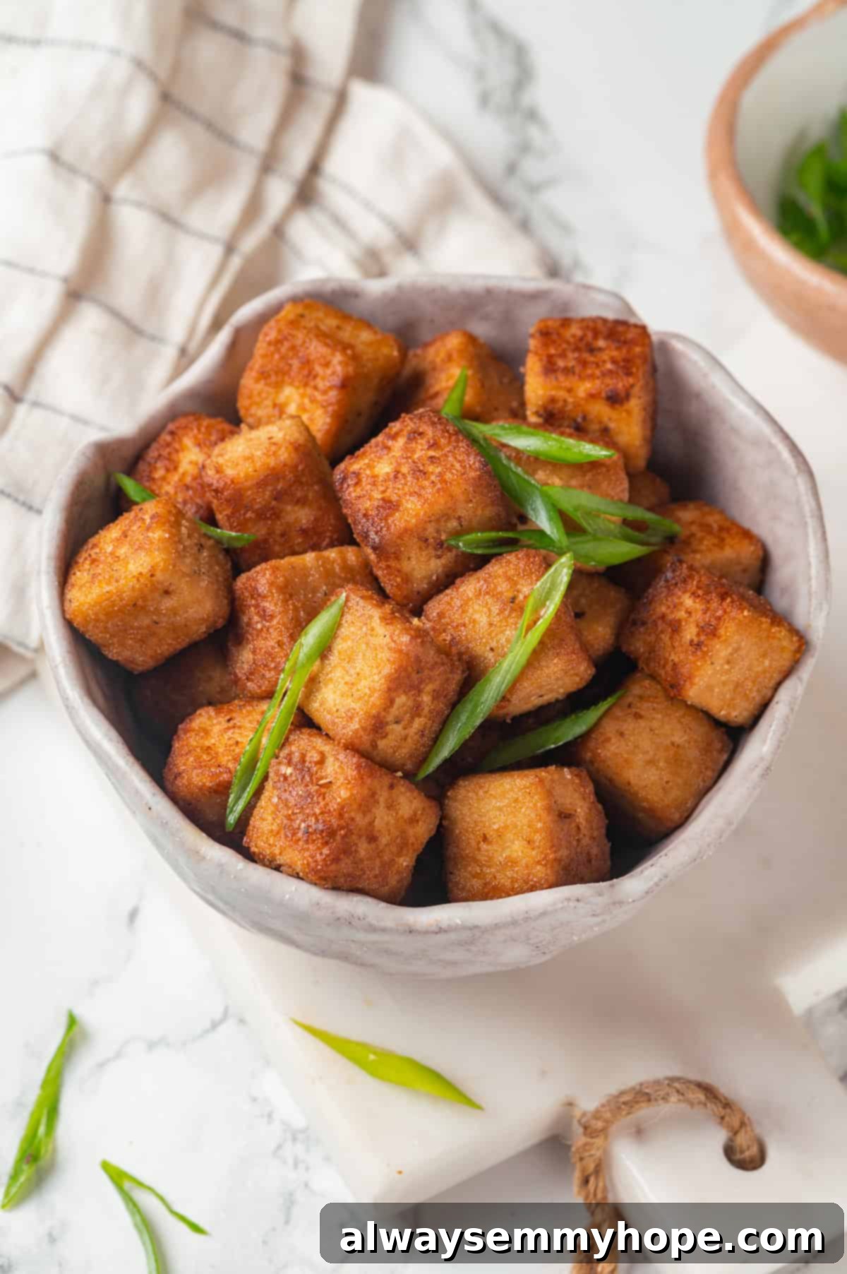Bowl of crispy fried tofu