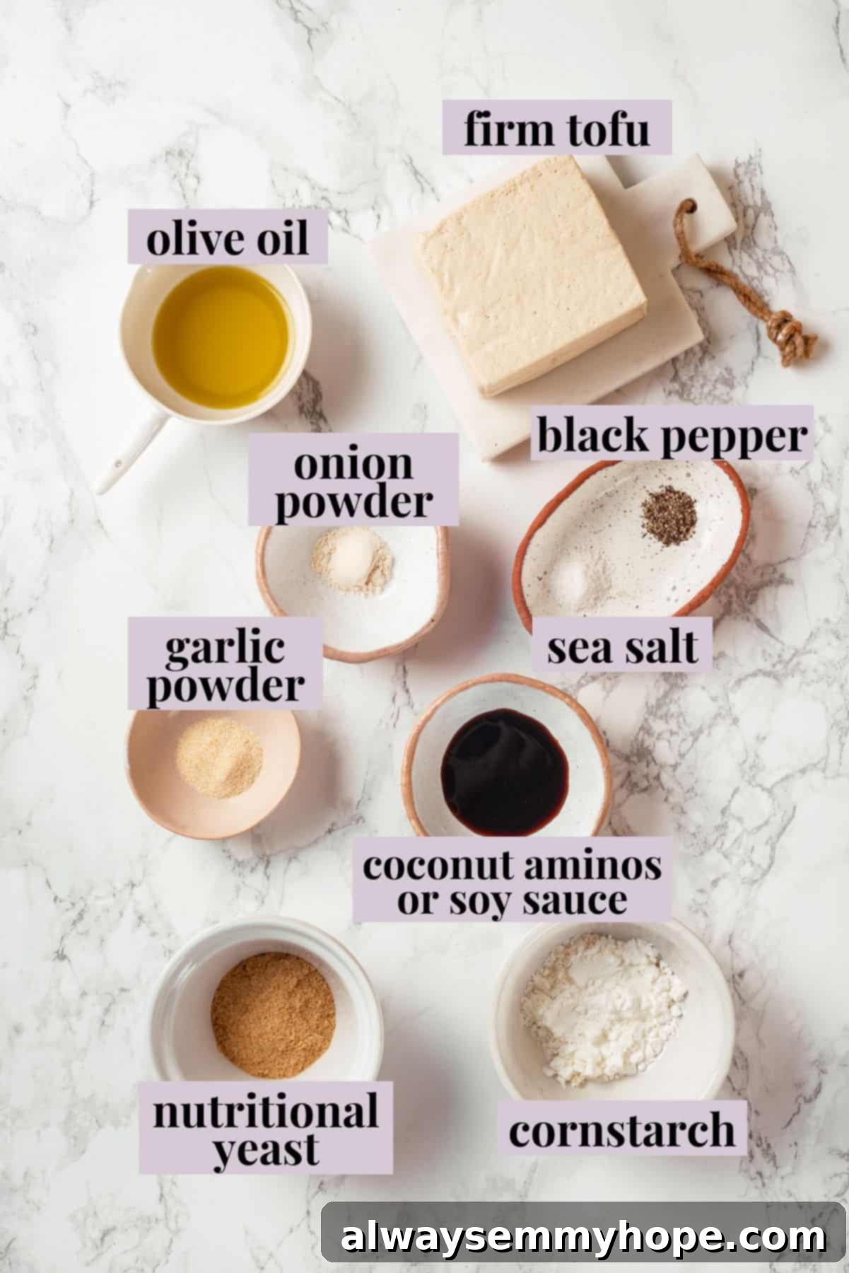 Overhead view of ingredients for fried tofu with labels