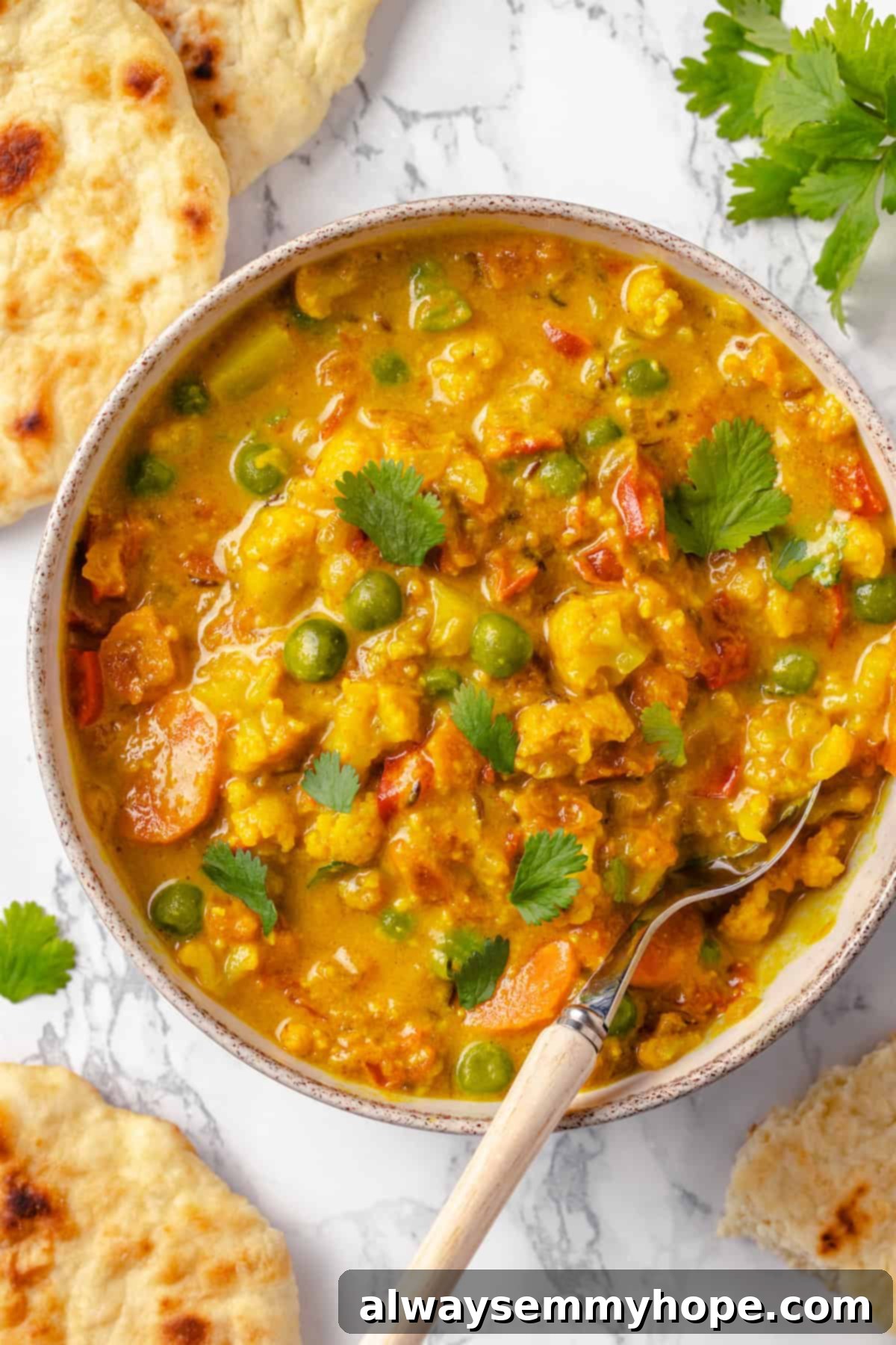 Vegetable korma is a rich and creamy Indian curry loaded with warm spices and tender veggies. It’s absolutely decadent and so easy to make! Overhead view of vegetable korma in bowl with spoon