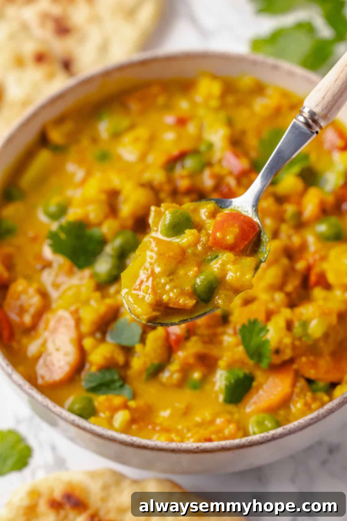 Vegetable korma is a rich and creamy Indian curry loaded with warm spices and tender veggies. It’s absolutely decadent and so easy to make! Spoonful of vegetable korma held over bowl