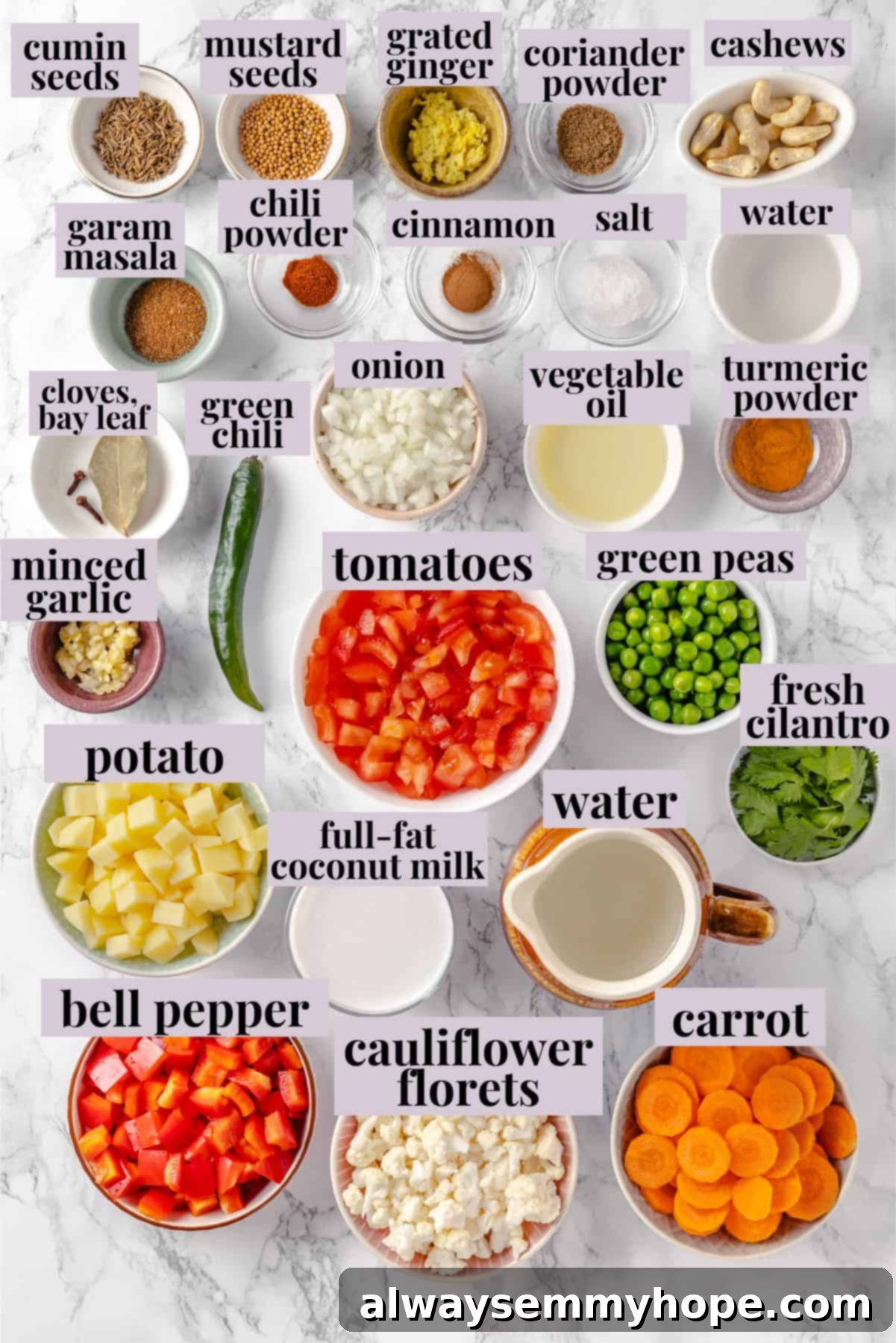 Vegetable korma is a rich and creamy Indian curry loaded with warm spices and tender veggies. It’s absolutely decadent and so easy to make! Overhead view of ingredients for vegetable korma with labels