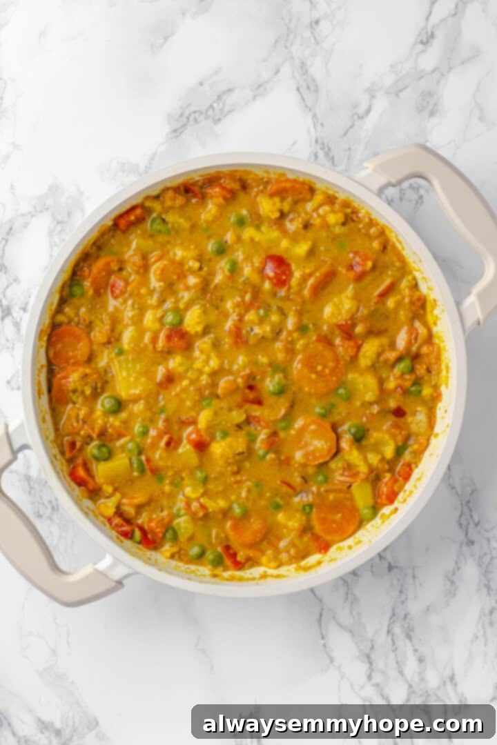 Vegetable korma is a rich and creamy Indian curry loaded with warm spices and tender veggies. It’s absolutely decadent and so easy to make! Overhead view of creamy vegetable korma