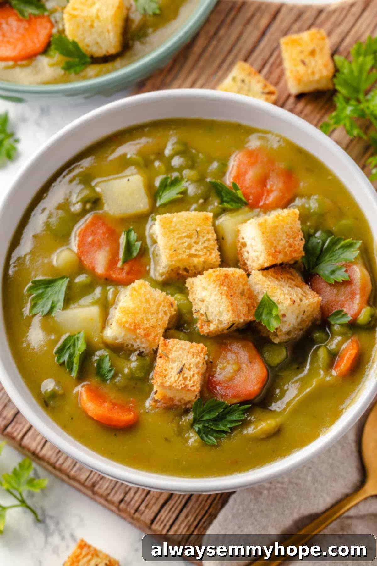 A steaming bowl of creamy vegan split pea soup garnished with fresh parsley and crunchy homemade croutons, ready to be enjoyed.