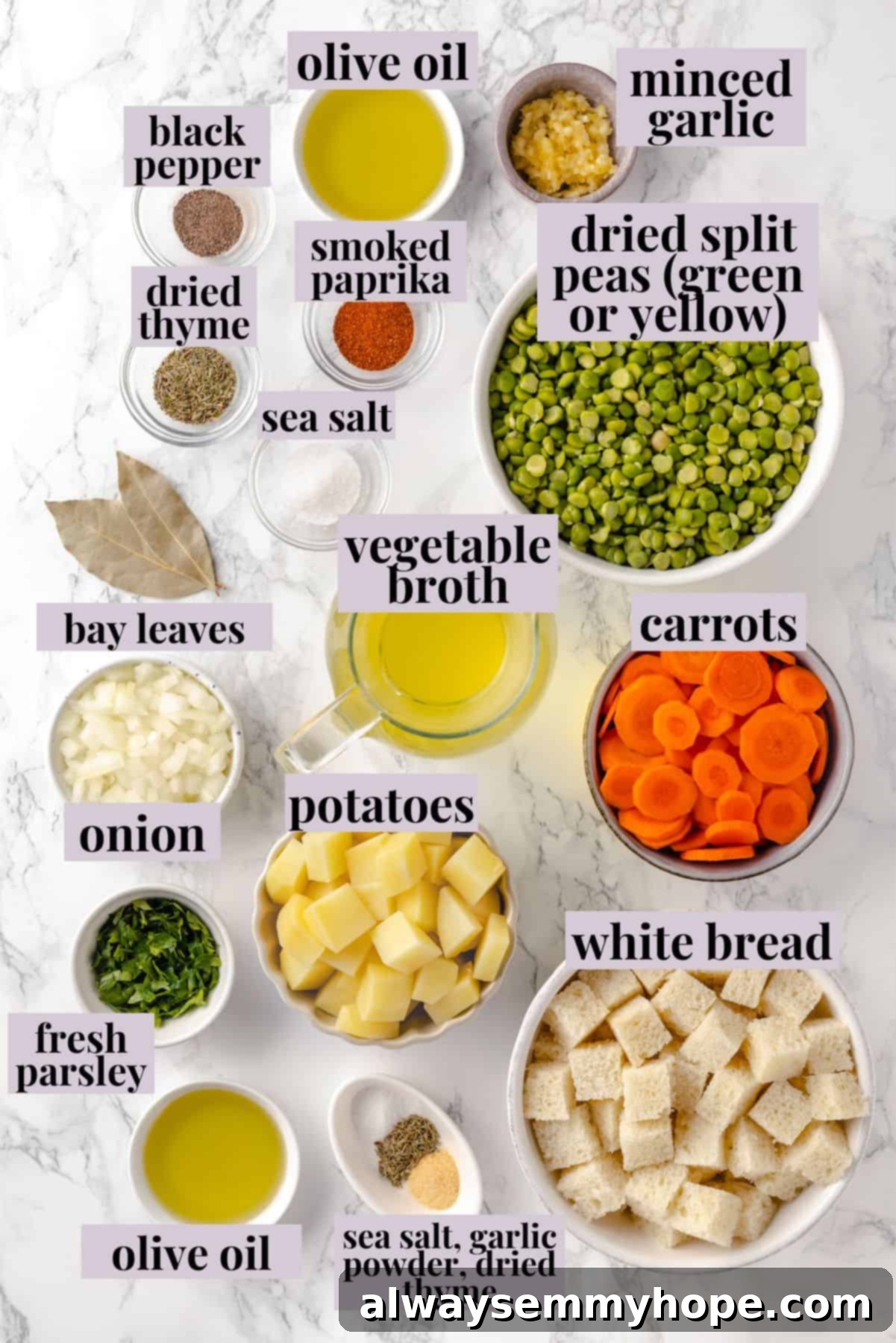 An overhead shot showcasing all the fresh ingredients neatly arranged for making vegan split pea soup, including dried peas, vegetables, and spices.