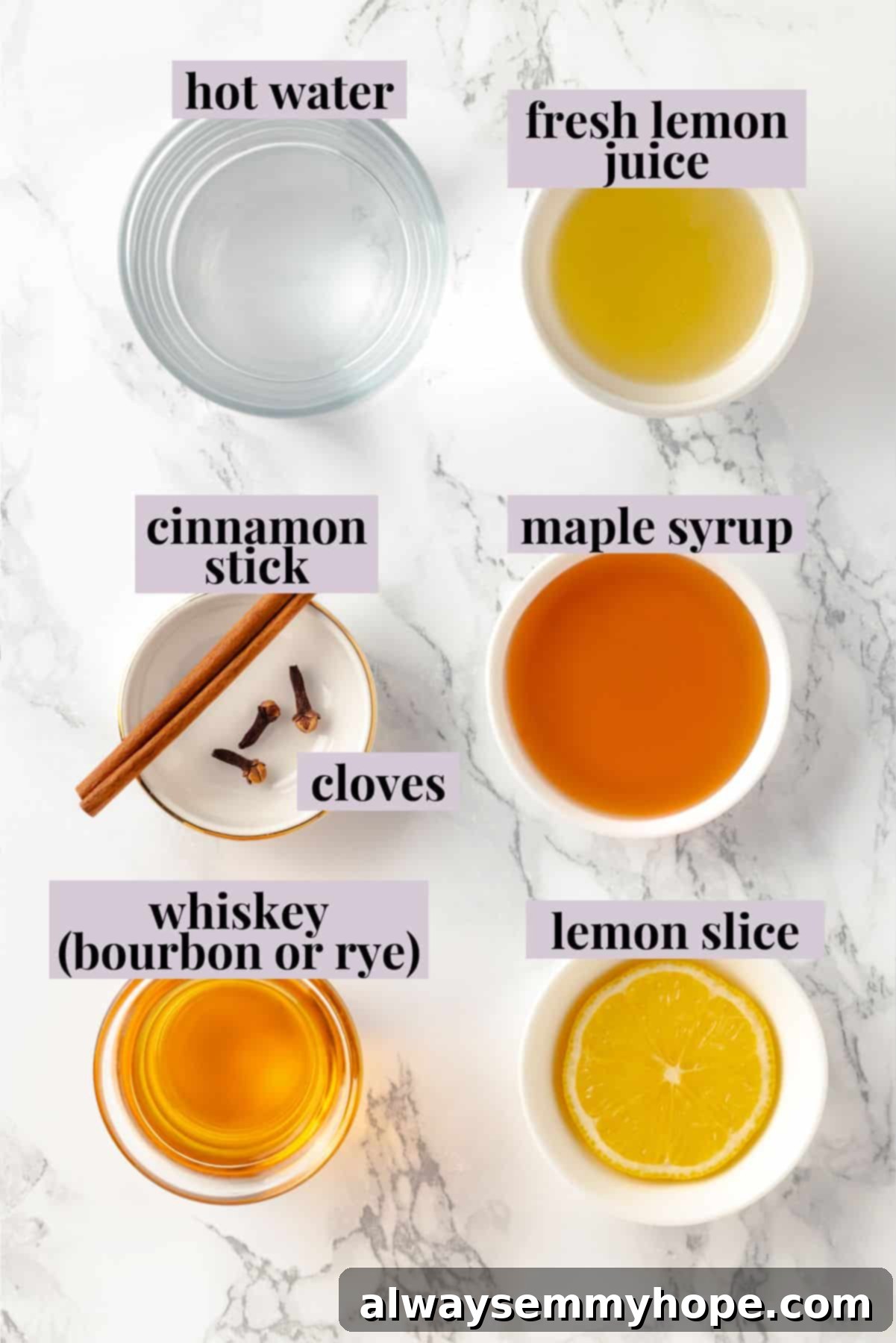 This hot toddy recipe will cure whatever ails you! It's a classic cocktail made with whiskey, lemon juice, and maple syrup to make it vegan. Overhead shot of hot toddy ingredients with descriptive labels