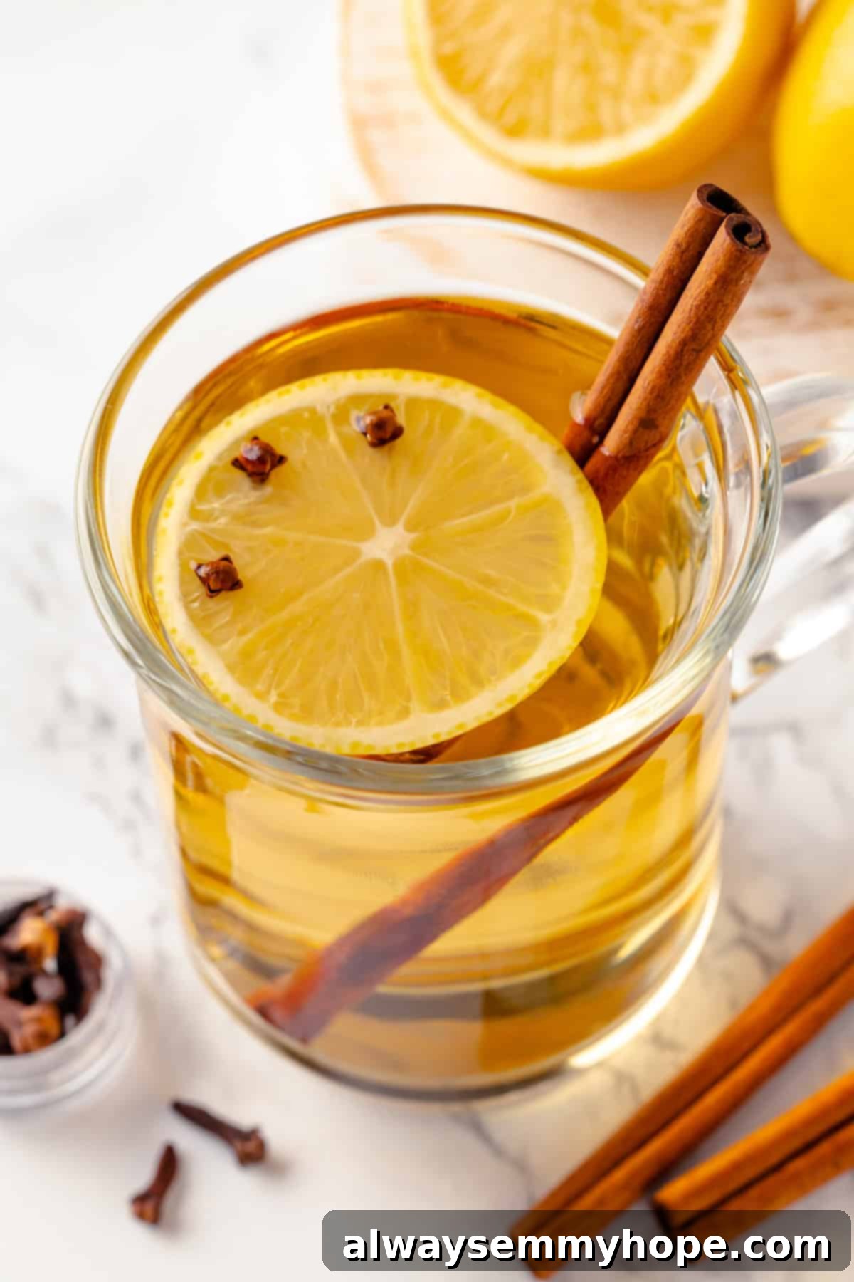This hot toddy recipe will cure whatever ails you! It's a classic cocktail made with whiskey, lemon juice, and maple syrup to make it vegan. Close-up of a single hot toddy in a clear glass mug, with a lemon slice and cinnamon stick