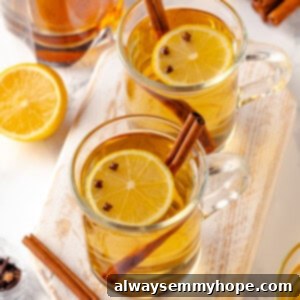 Classic Hot Toddy 2 Two mugs of hot toddy with cinnamon sticks, lemon, and cloves