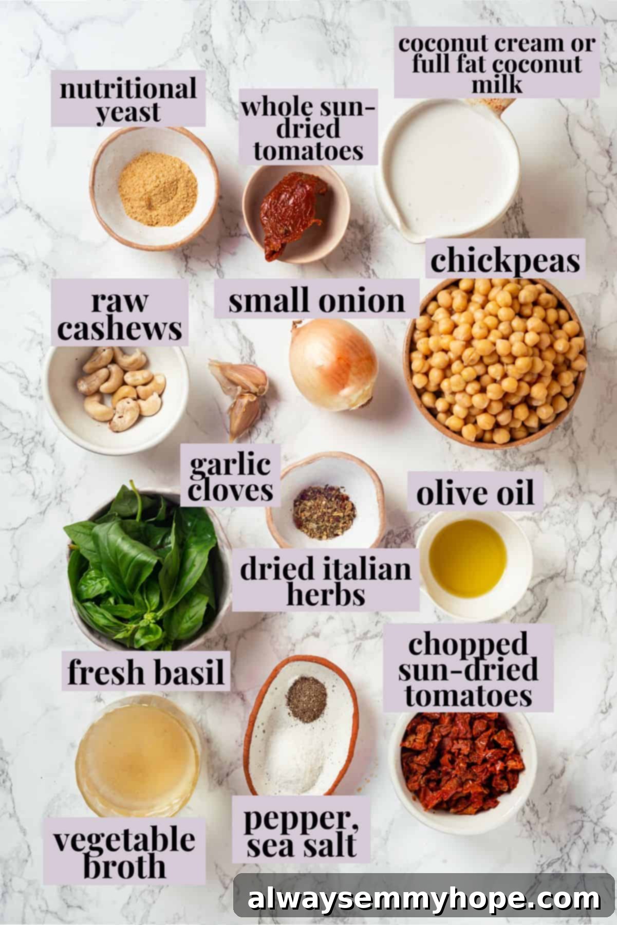 Overhead view of all the fresh ingredients laid out for making Marry Me Chickpeas, including soaked cashews, sun-dried tomatoes, fresh basil, onions, garlic, and canned chickpeas.