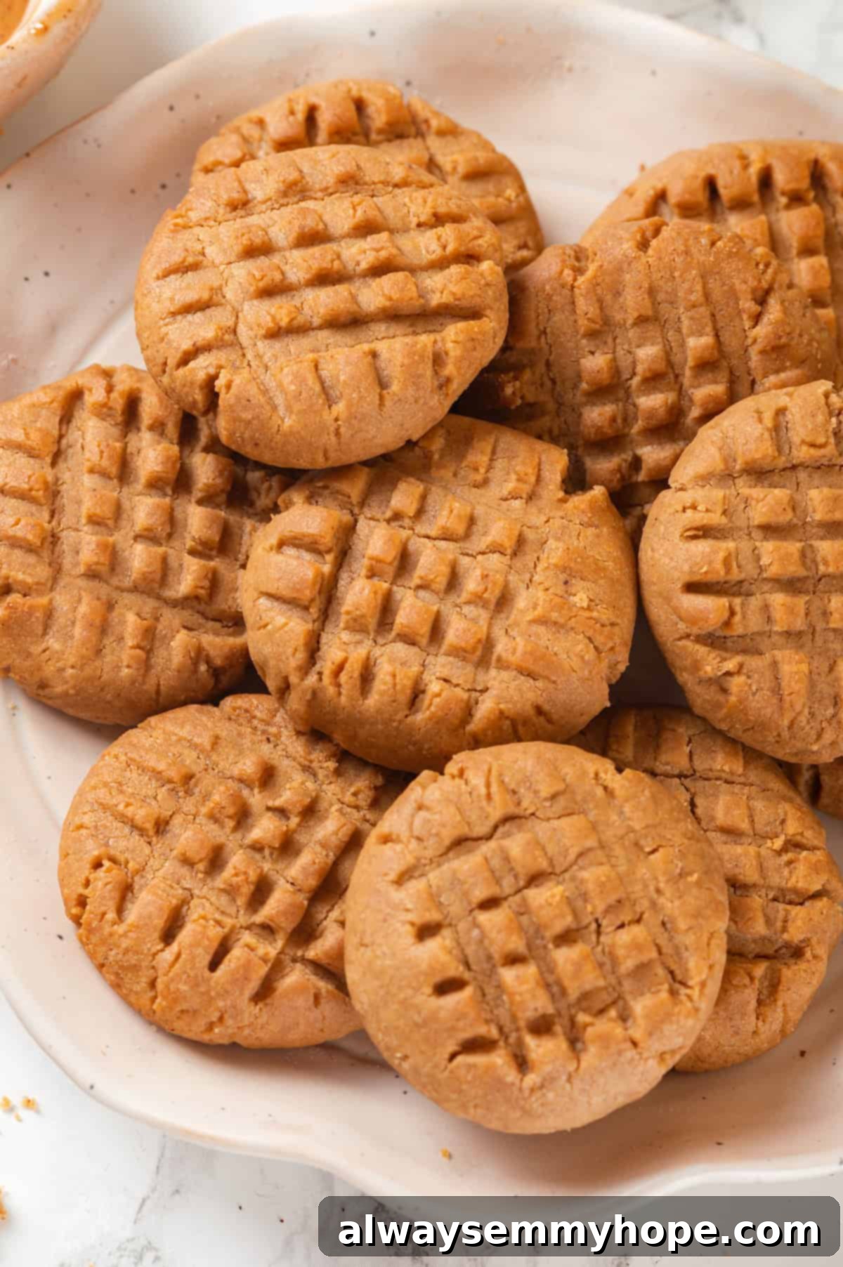 Plate of golden-brown, chewy vegan peanut butter cookies with classic fork imprints