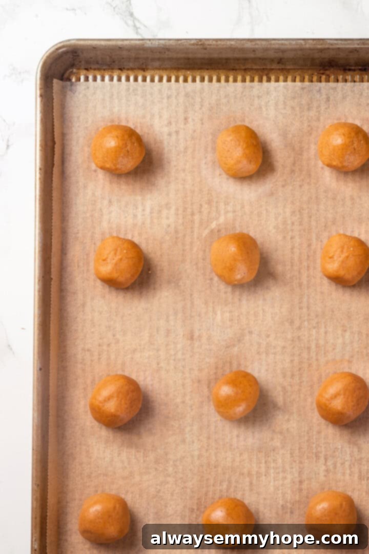 Overhead view of neatly rolled balls of vegan peanut butter cookie dough on a parchment-lined baking sheet