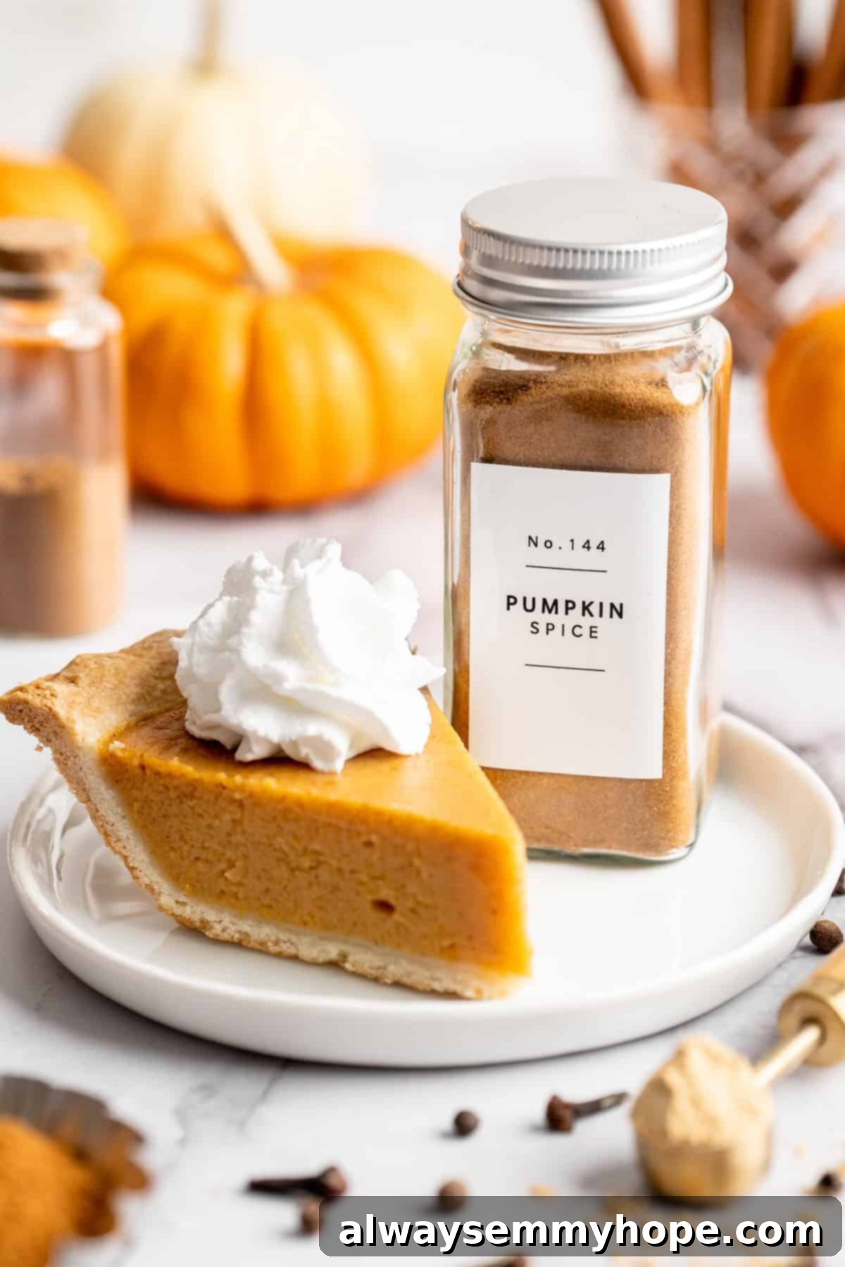 Pumpkin pie spice on plate with pumpkin pie slice