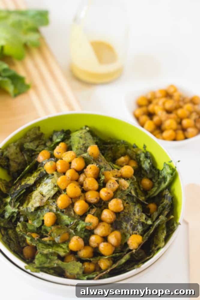 Vibrant Kale & Chickpea Salad with Zesty Lemon Poppyseed 3 Close up of chickpea salad in a green bowl.