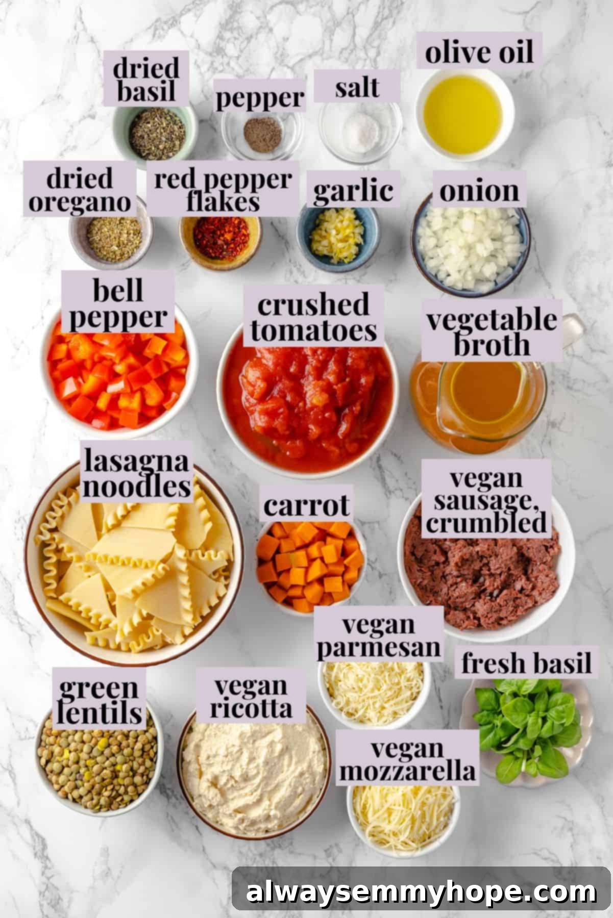 All the vibrant ingredients for a mega cheesy, fantastically filling vegan lasagna soup, bursting with Italian-inspired flavours and a trio of vegan cheeses, laid out and ready. An overhead view of various fresh ingredients laid out for vegan lasagna soup preparation, with clear labels for each item.